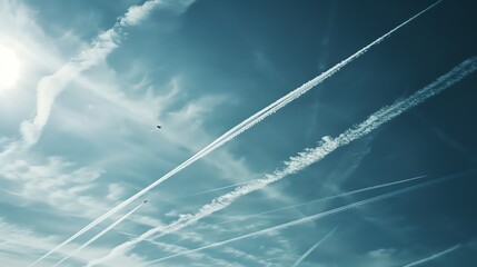 Wall Mural - A bright blue sky with multiple contrails crossing.