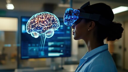 Poster - A female scientist wearing a VR headset interacts with a holographic brain model.