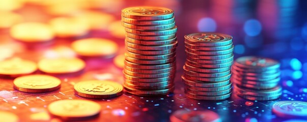 Stacks of coins illuminated with vibrant colors, creating a visually striking effect against a blurred background.