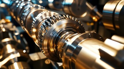 Poster - Close-up of intricate metallic gears and shafts, showcasing precision engineering and industrial machinery.
