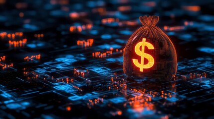 Poster - Glowing money bag symbol on circuit board.