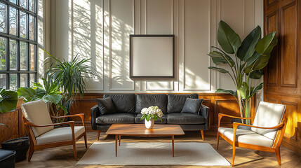 Wall Mural - Sunlit Living Room Interior: A stylish and sophisticated living room bathed in natural sunlight, featuring a black leather sofa, mid-century modern armchairs, a wooden coffee table.