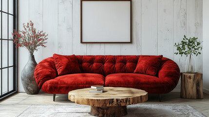 Wall Mural - Red Velvet Sofa in Modern Living Room: A plush red velvet sofa takes center stage in a stylish living room, complemented by a rustic wood coffee table, minimalist decor.