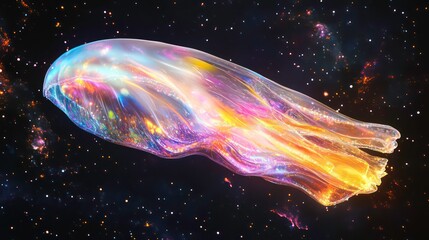 Wall Mural - Iridescent cosmic jellyfish floats in space, nebula background.