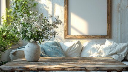 Wall Mural - Rustic Chic Interior: A vase of delicate white flowers sits on a weathered wooden table, bathed in warm sunlight. Soft cushions and a blank frame add to the serene and stylish atmosphere.