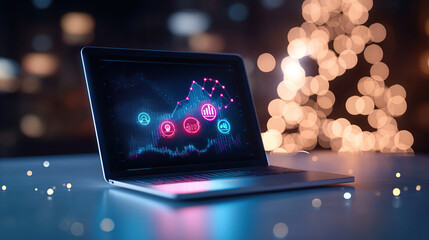 Wall Mural - laptop displaying digital dashboard with data analytics icons and graphs, set against blurred backgr