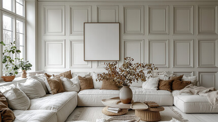 Wall Mural - Modern Living Room Interior Design: A serene and stylish living room features a large sectional sofa in creamy off-white, complemented by warm brown and beige throw pillows.