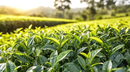 Wall Mural - Lush Green Tea Plantation at Sunrise: A Serene Landscape