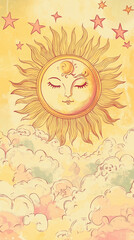 Wall Mural - A retro-style drawing of the sun surrounded by clouds, creating an atmosphere reminiscent of vintage tarot cards