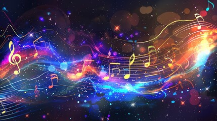 Canvas Print - a starry night sky with music notes floating on wavy lines of light.