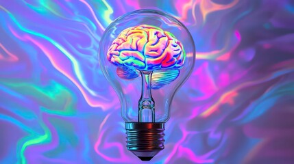 Aufkleber - Colorful brain inside a lightbulb against a vibrant background.