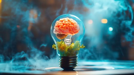 Aufkleber - Brain inside a lightbulb with smoke, representing ideas and innovation.