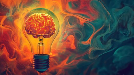 Aufkleber - Glowing lightbulb with a brain inside, surrounded by vibrant swirling colors.