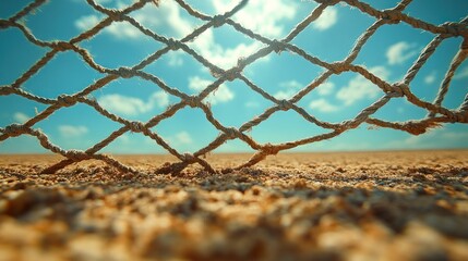 Close-up of knotted rope net against bright sky and sandy ground.