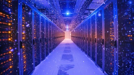 Aufkleber - Snow falling in a data center aisle with rows of servers.