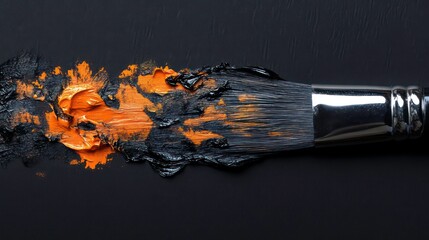 Wall Mural - Close-up of paintbrush with orange and black paint strokes on dark surface.