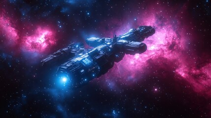 Wall Mural - Spaceship traversing vibrant nebula.