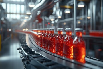 Wall Mural - Bottles moving on a factory conveyor belt. AI.