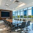 © Abdul - Spacious, modern conference room with large windows, sleek furniture, and digital presentation screen.