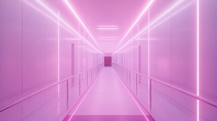 Leinwandbilder - Pink neon lights illuminate a long, futuristic corridor with reflective walls and doors.