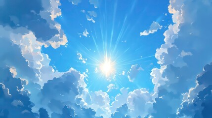 Wall Mural - Bright sun shining through fluffy white clouds in a vibrant blue sky.