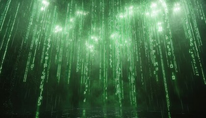 Green digital rain falling in dark cyberspace background, ideal for tech projects