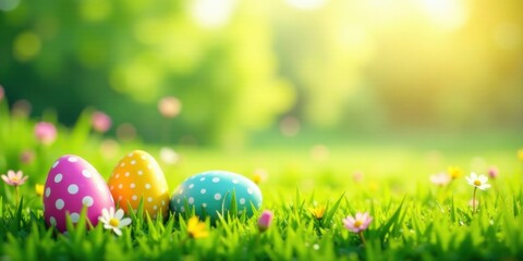  Brightly colored speckled eggs nestled in a verdant spring meadow bathed in sunlight