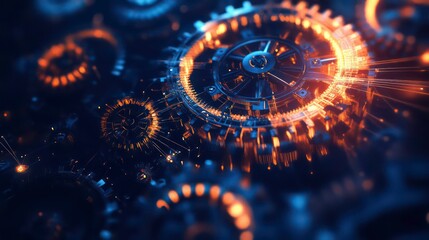 Poster - Close-up of intricate, glowing gears in motion, depicting complex mechanics and technology.