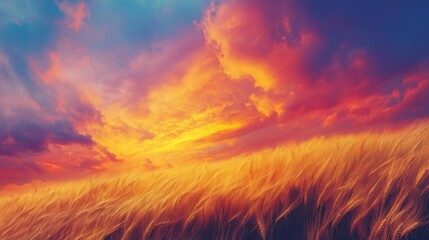 Wall Mural - Golden Wheat Field Under a Vibrant Sunset Sky