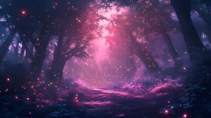 Wall Mural - A tranquil forest scene with fireflies illuminating the night sky and surrounding trees