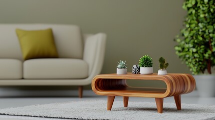 Sticker - Modern living room featuring a stylish wooden coffee table with potted plants, cozy sofa, and greenery