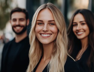 A small group of adults dressed in black stands united in a contemporary urban setting, portraying sophistication and teamwork.