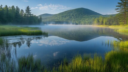 Wall Mural - Lake surrounded by mountains under clear blue sky with reflections on water surface