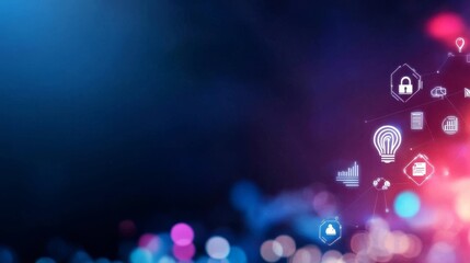 illuminated network of digital icons over blurred city lights, showcasing innovation and technology 