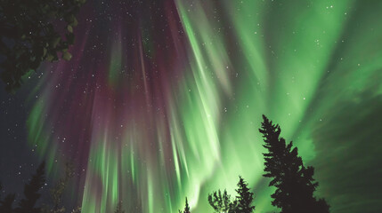 Aurora borealis above mountains in fog at night. Northern lights. Sky with stars with polar lights and high rocks. Beautiful landscape with aurora, city lights in low clouds, mountain ridge. Space