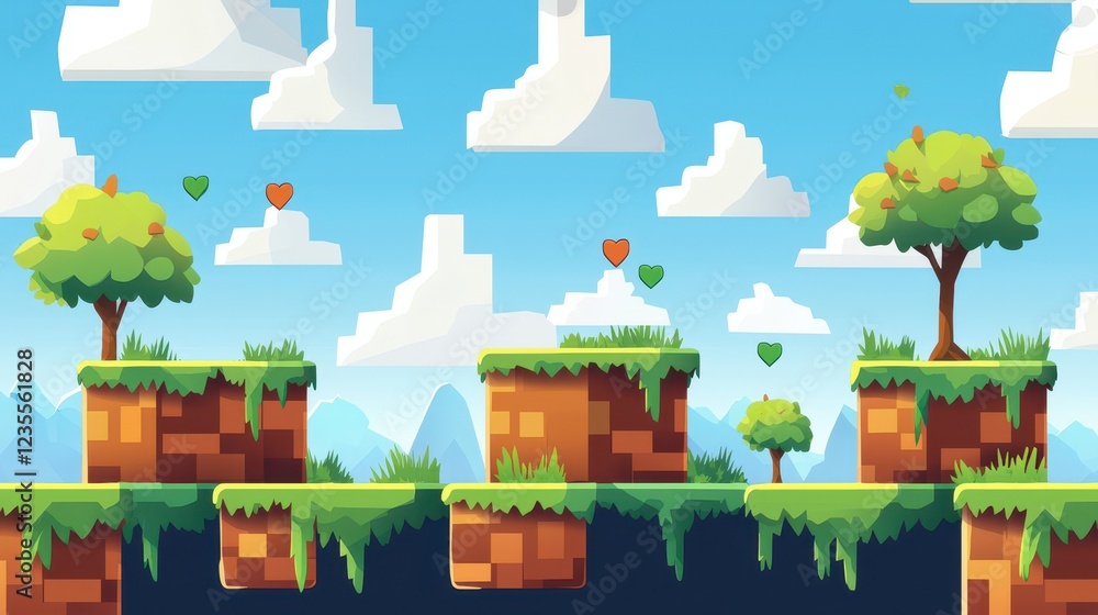 A pixel art game level design featuring floating platforms and trees ...