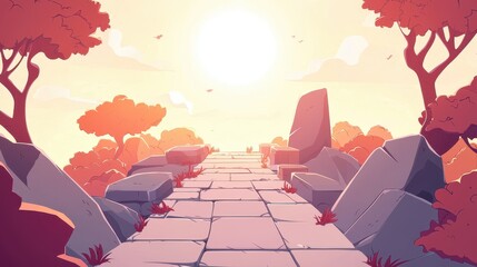 Wall Mural - Stone Pathway Leading to Sunset Through Autumnal Landscape