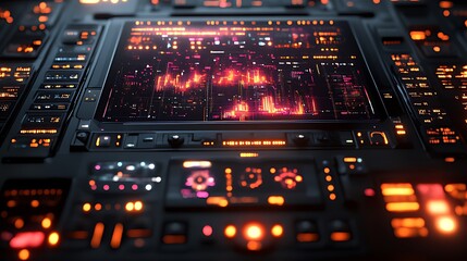 Futuristic control panel displays data, glowing orange, dark background, sci-fi interface