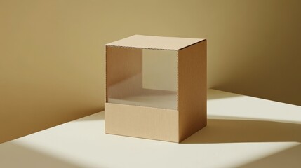 Wall Mural - Cardboard box with transparent window, studio shot, sunlight, packaging mockup