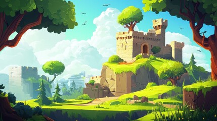 Wall Mural - Stone Castle Tower Atop Green Hilltop Forest Setting