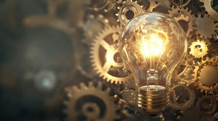 a symbolic composition of a light bulb surrounded by gears and innovation symbols, innovation scene,