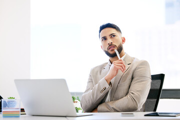 Aufkleber - Thinking, laptop and businessman in office for planning, research project and problem solving. Professional, corporate worker and person on computer for solution, company decision and proposal report