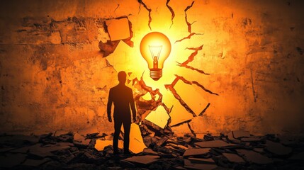 Wall Mural - A symbolic representation of a person's silhouette breaking through barriers with a light bulb overhead, Breakthrough innovation scene, Symbolic style