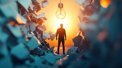 Wall Mural - A symbolic representation of a person's silhouette breaking through barriers with a light bulb overhead, Breakthrough innovation scene, Symbolic style