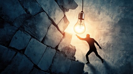 Wall Mural - A symbolic representation of a person's silhouette breaking through barriers with a light bulb overhead, Breakthrough innovation scene, Symbolic style