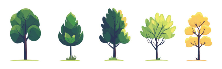 Set of tree and leaf collection hand drawn flat design vector element. botanical set of bare trees and ones with leaves and lush green