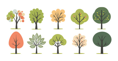 Set of tree and leaf collection hand drawn flat design vector element. botanical set of bare trees and ones with leaves and lush green