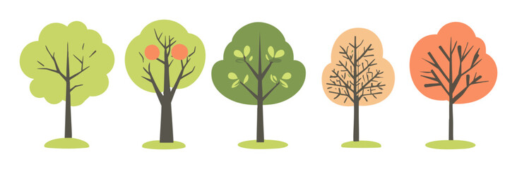 Set of tree and leaf collection hand drawn flat design vector element. botanical set of bare trees and ones with leaves and lush green