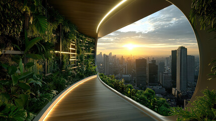 Wall Mural - stunning sunset view from modern rooftop with lush greenery