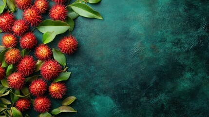 Wall Mural - Rambutan Fruits on Teal Background: A Vibrant Culinary Image